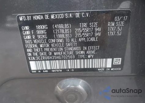 2017 Honda Hr-V Lx из США, поврежденный, VIN 3CZRU6H35HG702569